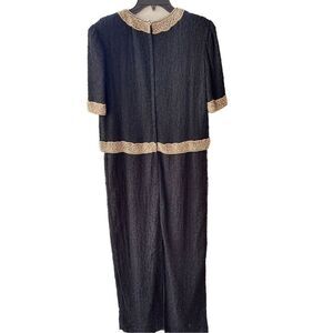Camille Marie Womens Black Gold Beaded Silk Cocktail Dress Evening Gown Large